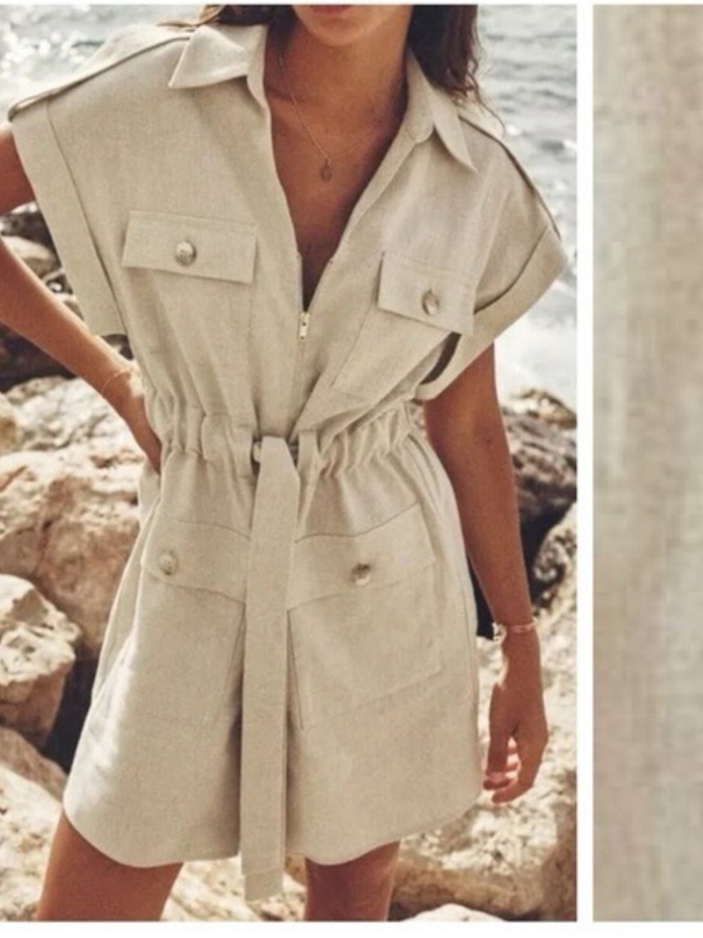 NWT. Zara Beige Linen Blend Cargo Dress. Size L